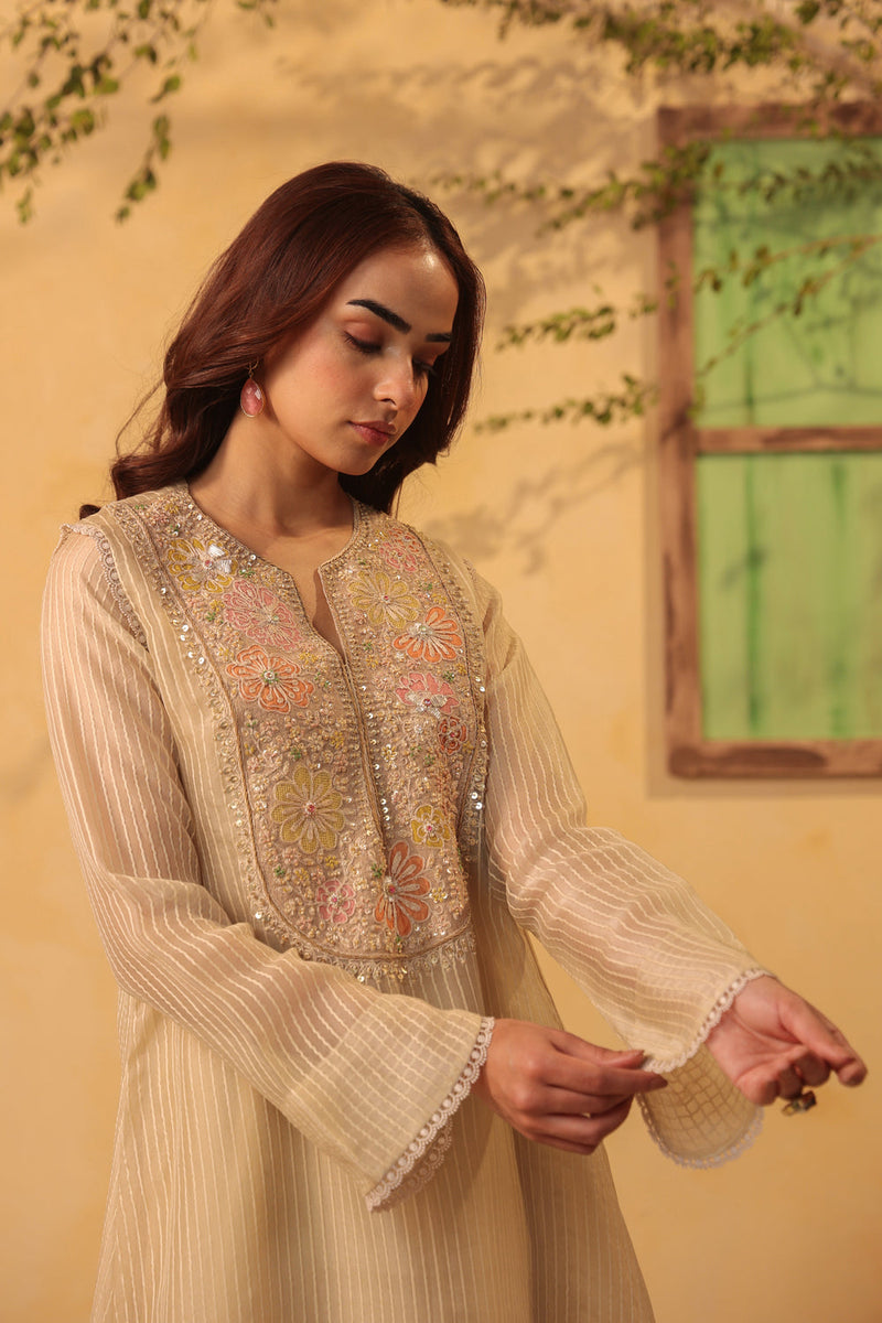 Vaayu Beige Applique Yoke Kurta Set silk chanderi , silk tencel kurta/kurta set by Niti Bothra in beige for women in Singapore