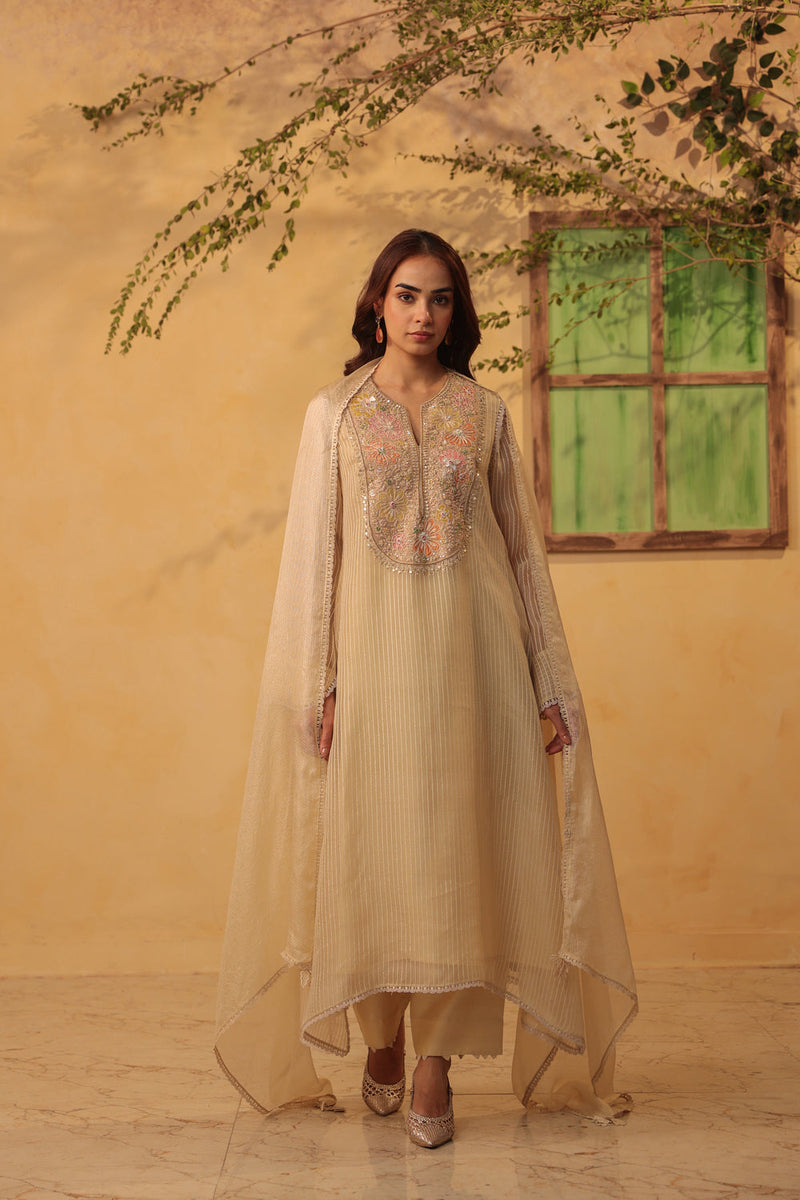 Vaayu Beige Applique Yoke Kurta Set silk chanderi , silk tencel kurta/kurta set by Niti Bothra in beige for women in Singapore