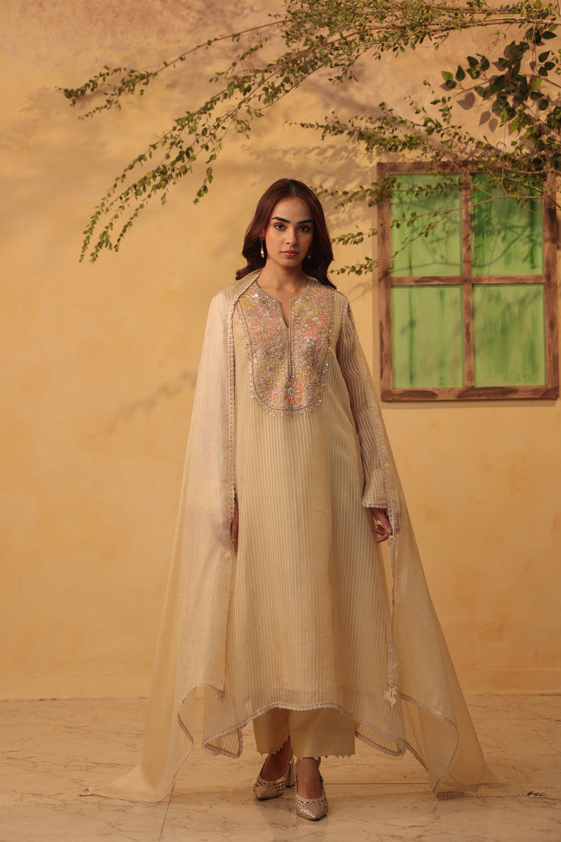 Vaayu Beige Applique Yoke Kurta Set silk chanderi , silk tencel kurta/kurta set by Niti Bothra in beige for women in Singapore