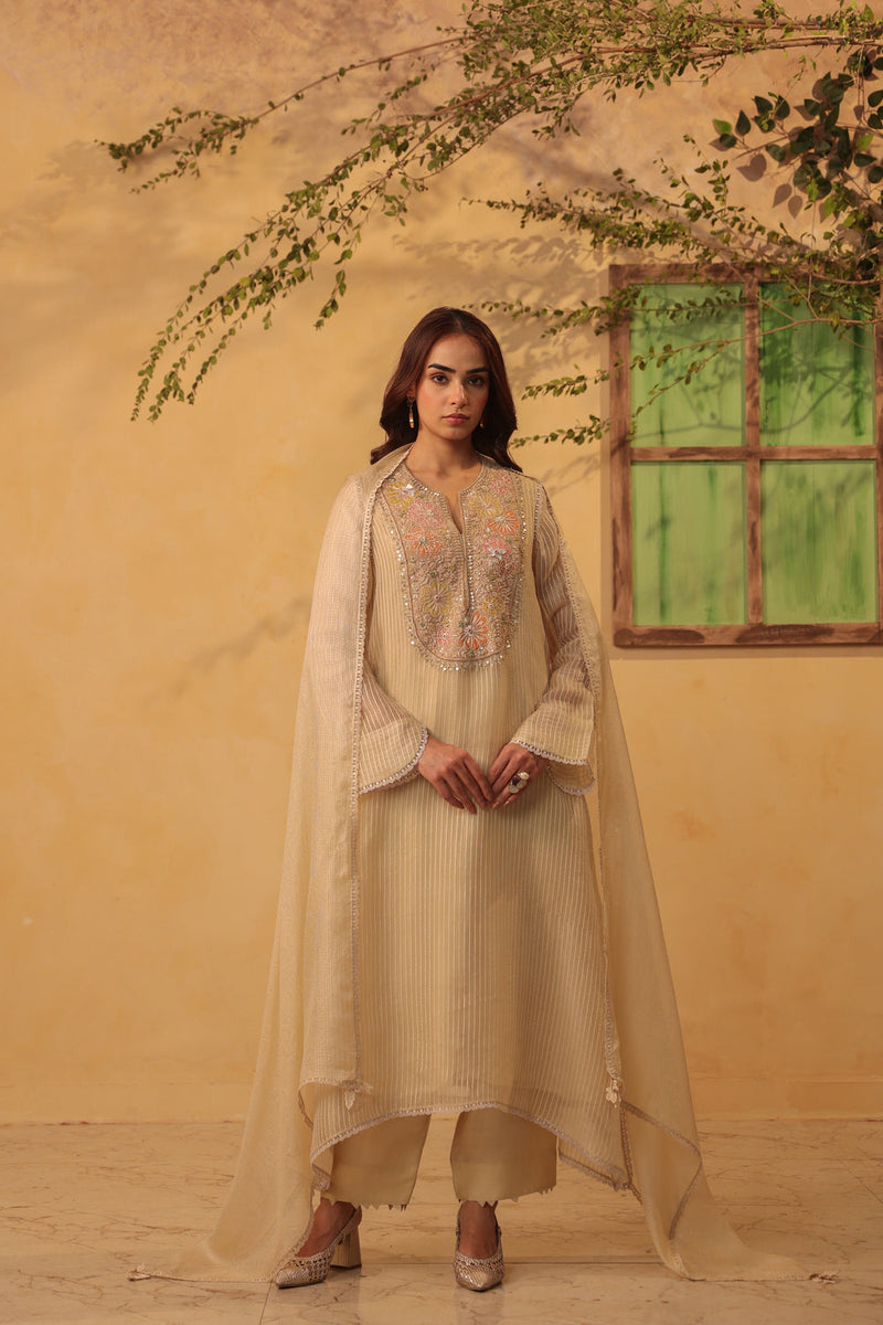 Vaayu Beige Applique Yoke Kurta Set silk chanderi , silk tencel kurta/kurta set by Niti Bothra in beige for women in Singapore
