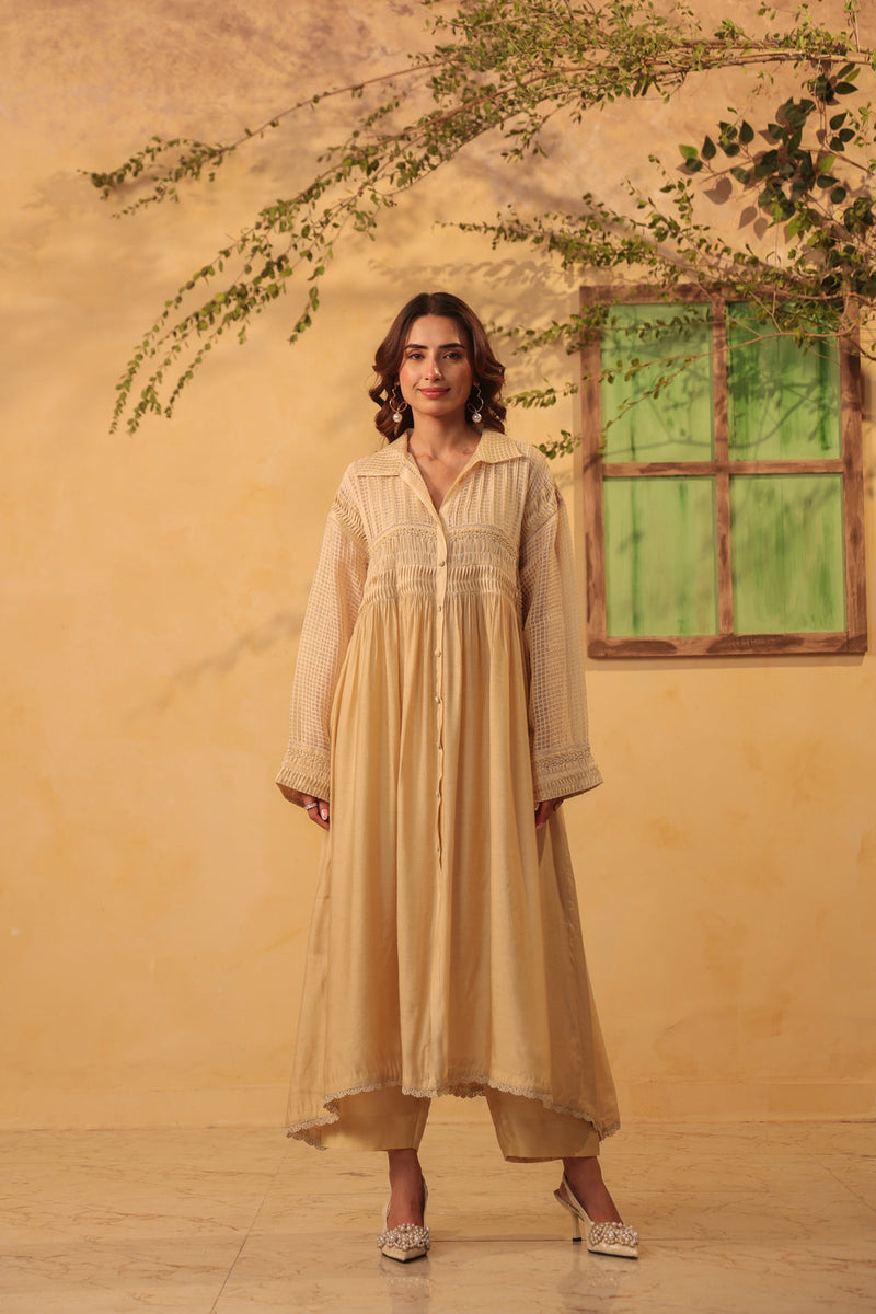 Vaayu Beige Pintuck Collar Kurta Set silk chanderi , silk tencel kurta/kurta set by Niti Bothra in beige for women in Singapore