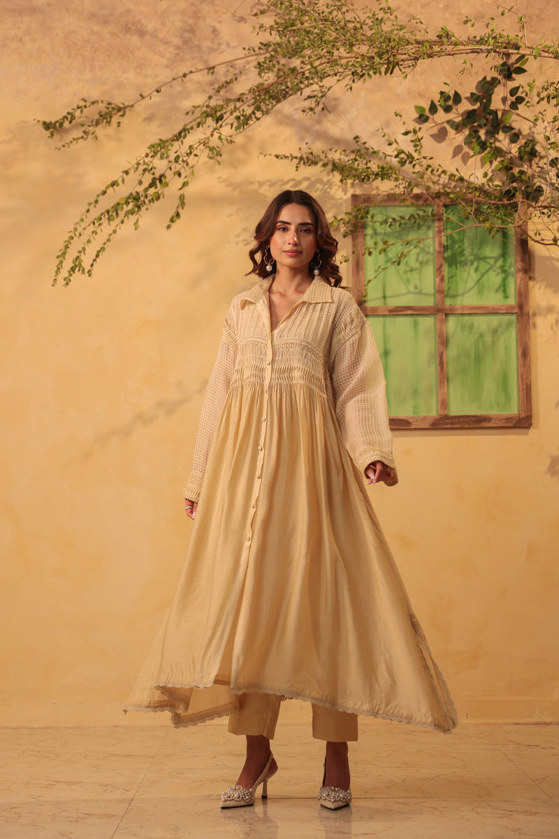 Vaayu Beige Pintuck Collar Kurta Set silk chanderi , silk tencel kurta/kurta set by Niti Bothra in beige for women in Singapore