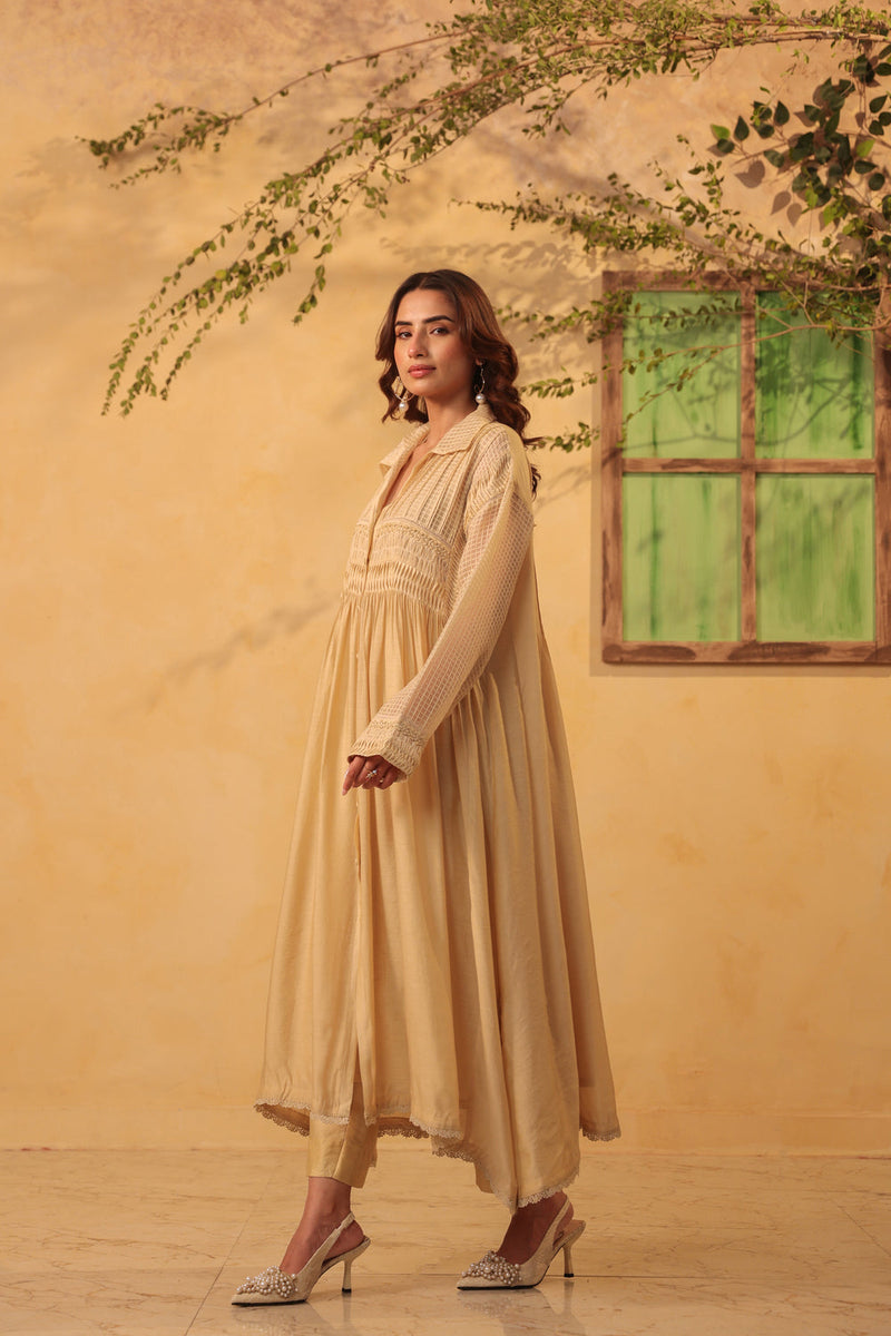Vaayu Beige Pintuck Collar Kurta Set silk chanderi , silk tencel kurta/kurta set by Niti Bothra in beige for women in Singapore