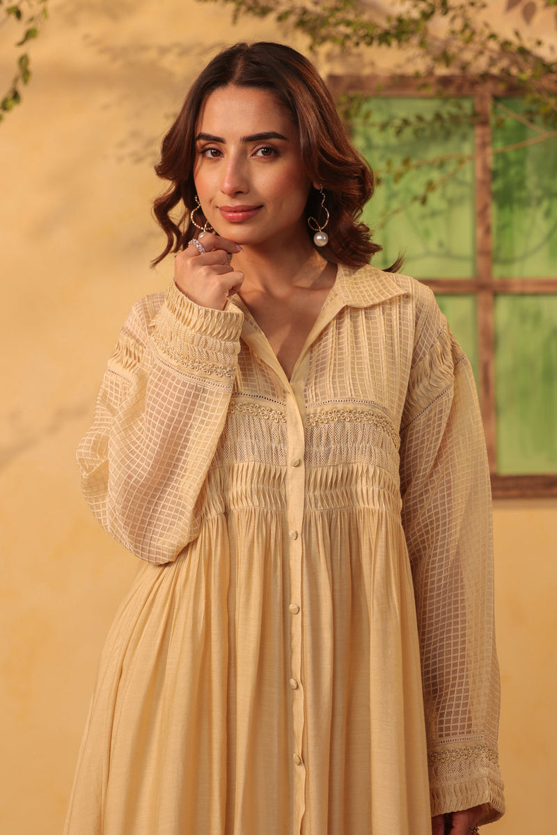 Vaayu Beige Pintuck Collar Kurta Set silk chanderi , silk tencel kurta/kurta set by Niti Bothra in beige for women in Singapore