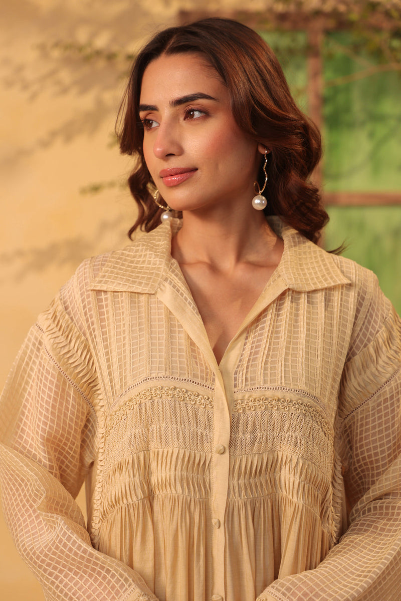 Vaayu Beige Pintuck Collar Kurta Set silk chanderi , silk tencel kurta/kurta set by Niti Bothra in beige for women in Singapore