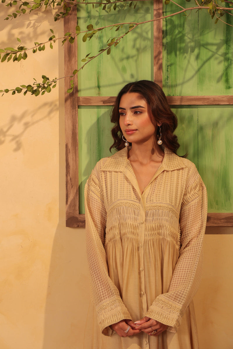 Vaayu Beige Pintuck Collar Kurta Set silk chanderi , silk tencel kurta/kurta set by Niti Bothra in beige for women in Singapore