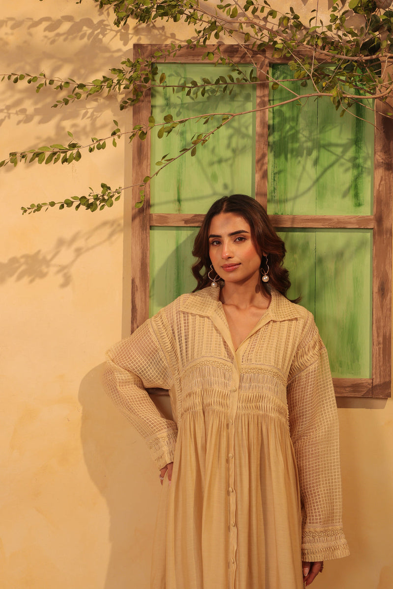 Vaayu Beige Pintuck Collar Kurta Set silk chanderi , silk tencel kurta/kurta set by Niti Bothra in beige for women in Singapore