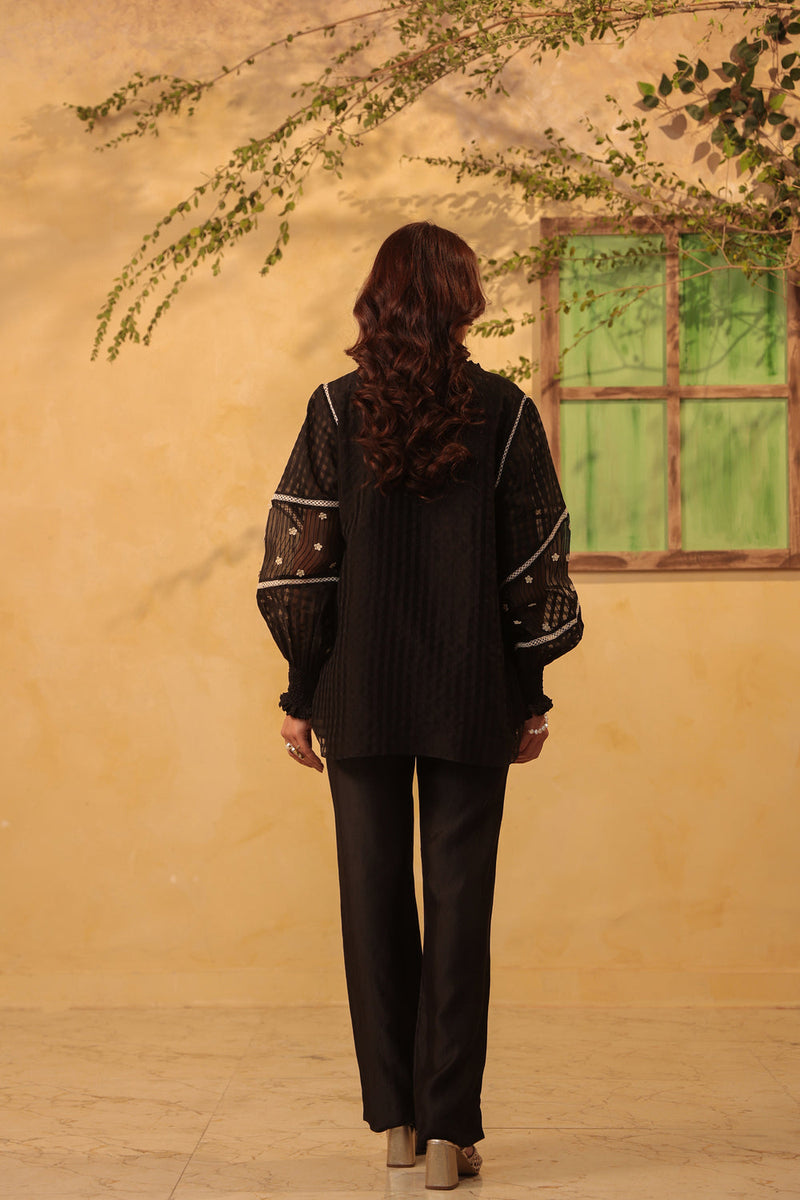 Vaayu Black V Neck Co ord Set silk chanderi , silk tencel kurta/kurta set by Niti Bothra in black for women in Singapore