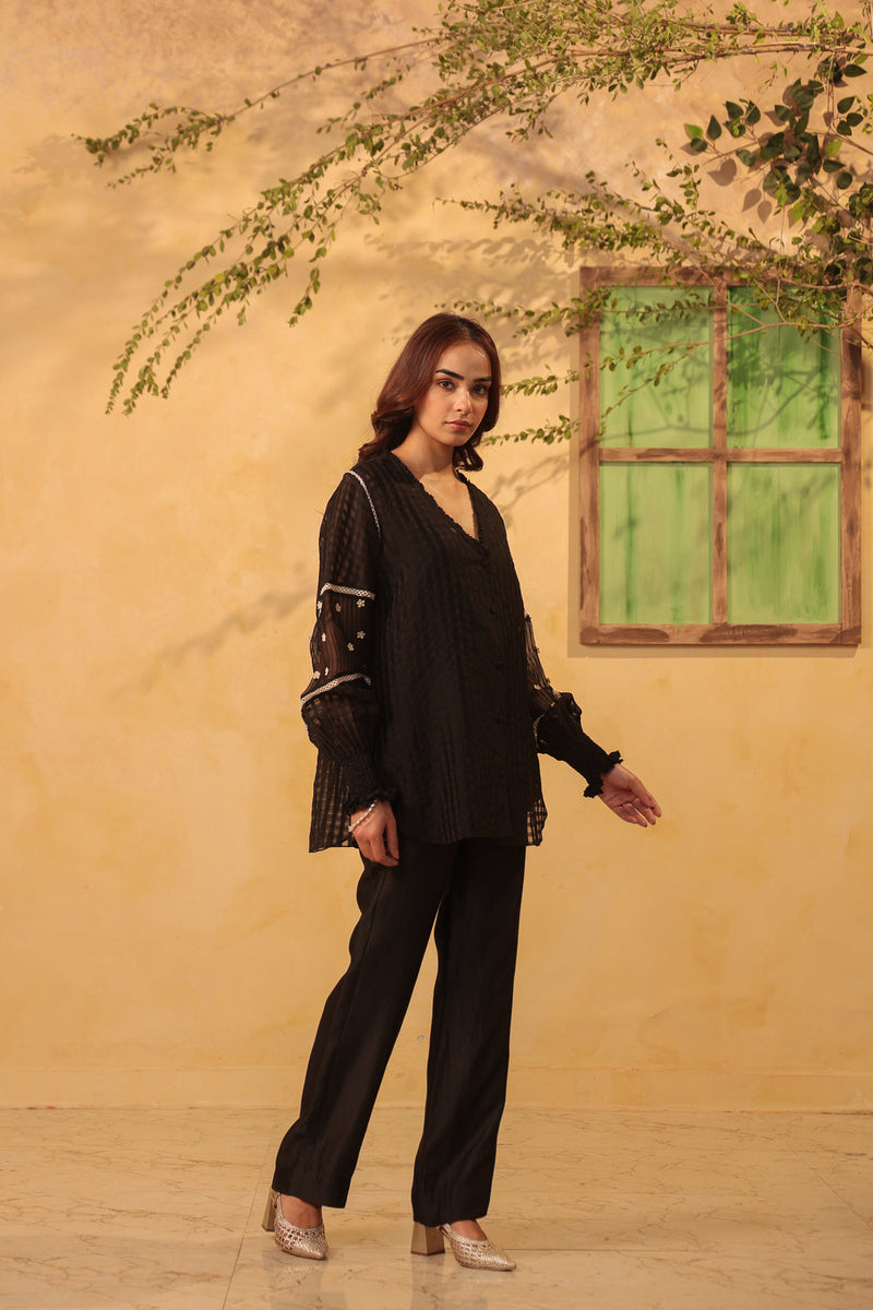 Vaayu Black V Neck Co ord Set silk chanderi , silk tencel kurta/kurta set by Niti Bothra in black for women in Singapore