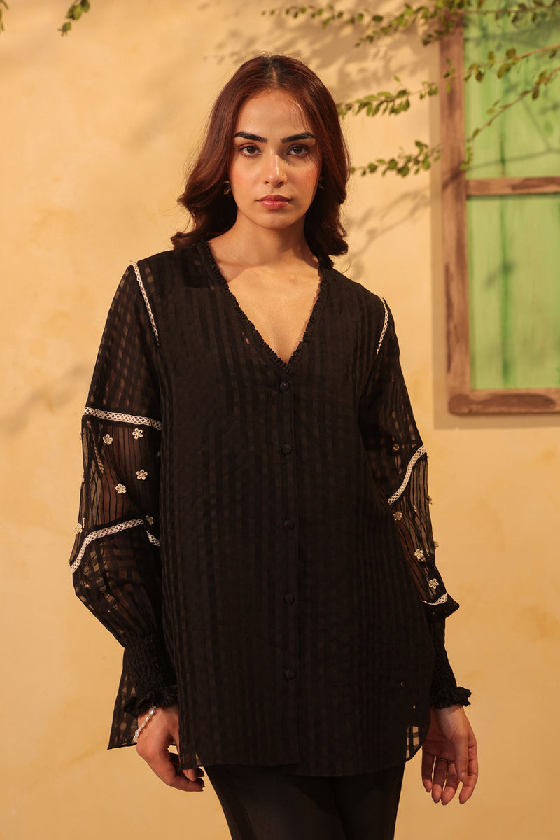Vaayu Black V Neck Co ord Set silk chanderi , silk tencel kurta/kurta set by Niti Bothra in black for women in Singapore