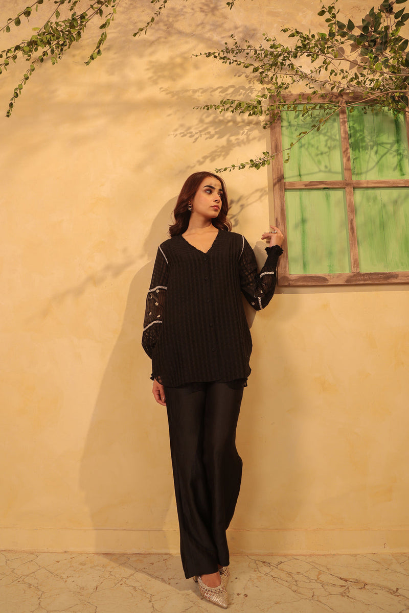Vaayu Black V Neck Co ord Set silk chanderi , silk tencel kurta/kurta set by Niti Bothra in black for women in Singapore