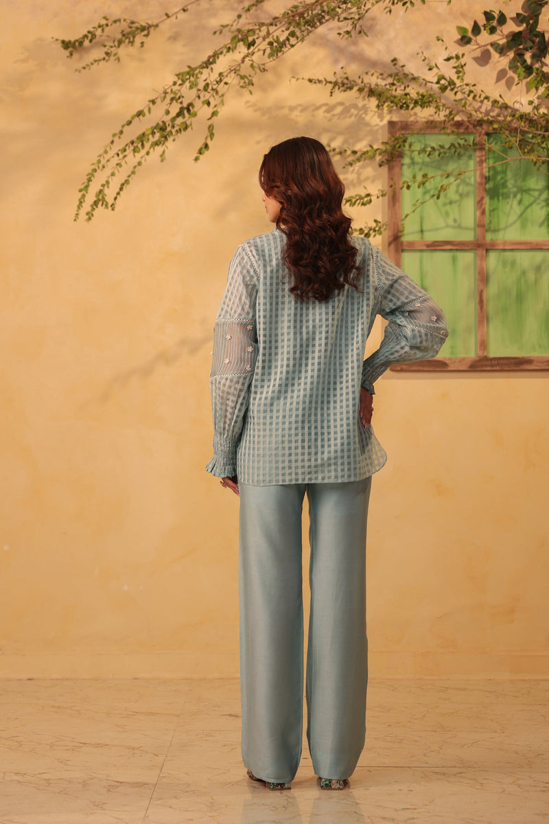 Vaayu Light Blue V Neck Co ord Set silk chanderi , silk tencel kurta/kurta set by Niti Bothra in light blue for women in Singapore