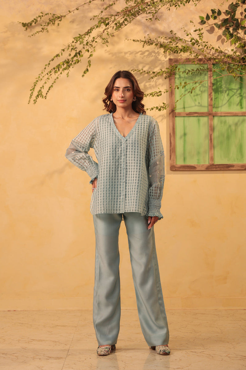 Vaayu Light Blue V Neck Co ord Set silk chanderi , silk tencel kurta/kurta set by Niti Bothra in light blue for women in Singapore