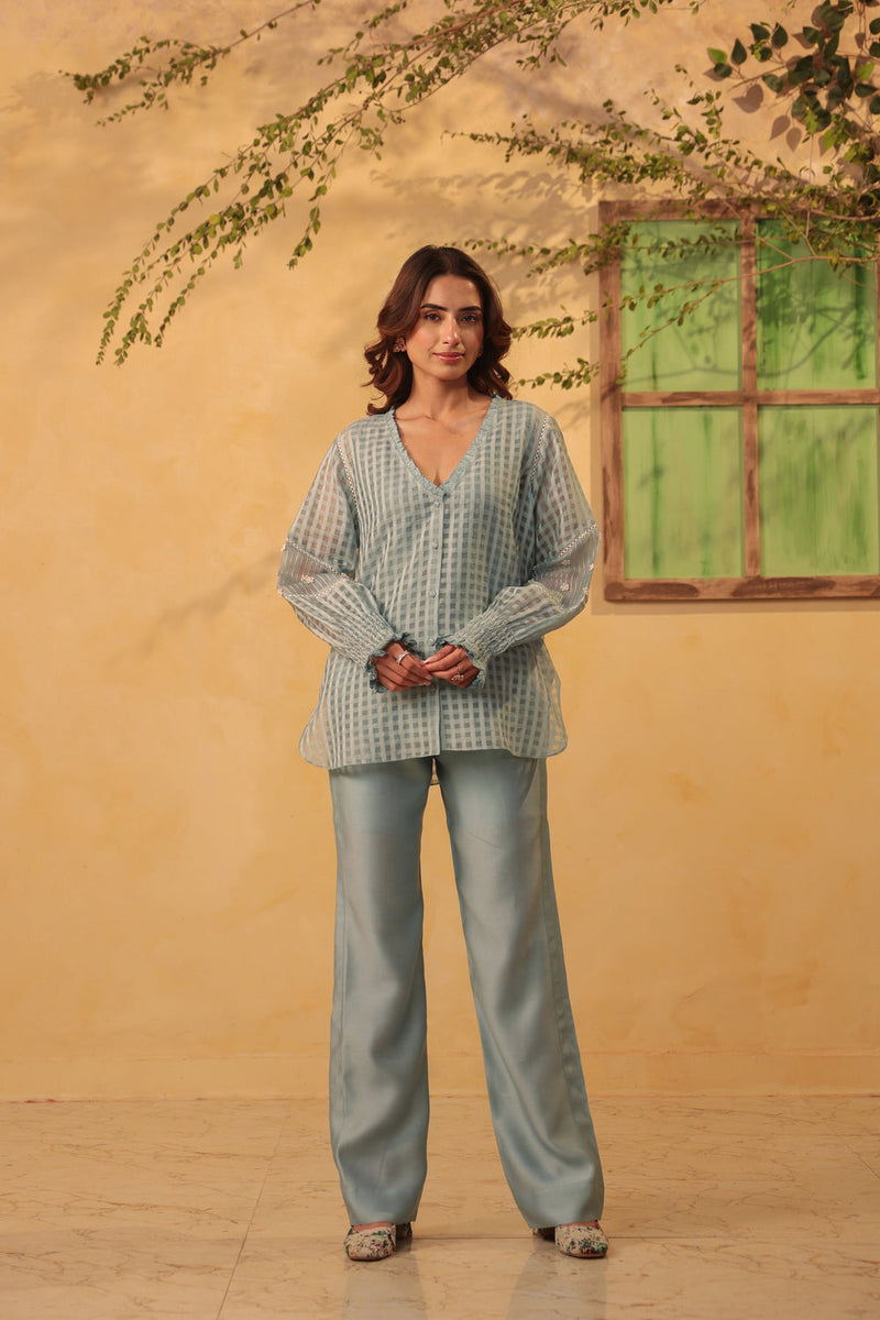Vaayu Light Blue V Neck Co ord Set silk chanderi , silk tencel kurta/kurta set by Niti Bothra in light blue for women in Singapore