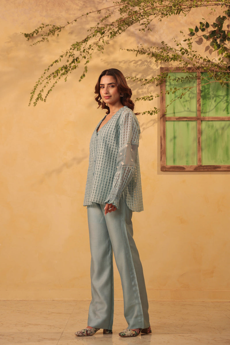 Vaayu Light Blue V Neck Co ord Set silk chanderi , silk tencel kurta/kurta set by Niti Bothra in light blue for women in Singapore