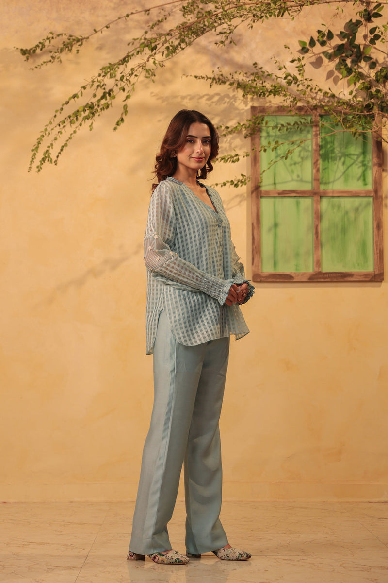 Vaayu Light Blue V Neck Co ord Set silk chanderi , silk tencel kurta/kurta set by Niti Bothra in light blue for women in Singapore