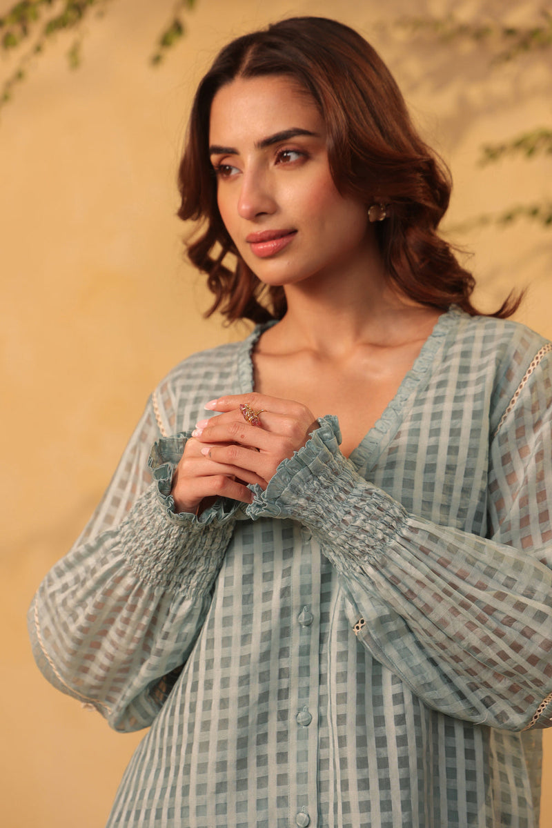 Vaayu Light Blue V Neck Co ord Set silk chanderi , silk tencel kurta/kurta set by Niti Bothra in light blue for women in Singapore