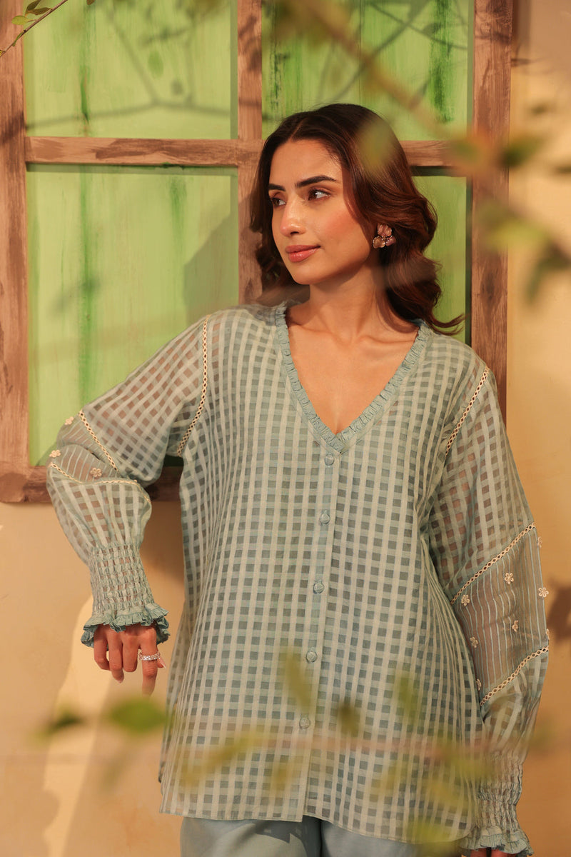 Vaayu Light Blue V Neck Co ord Set silk chanderi , silk tencel kurta/kurta set by Niti Bothra in light blue for women in Singapore