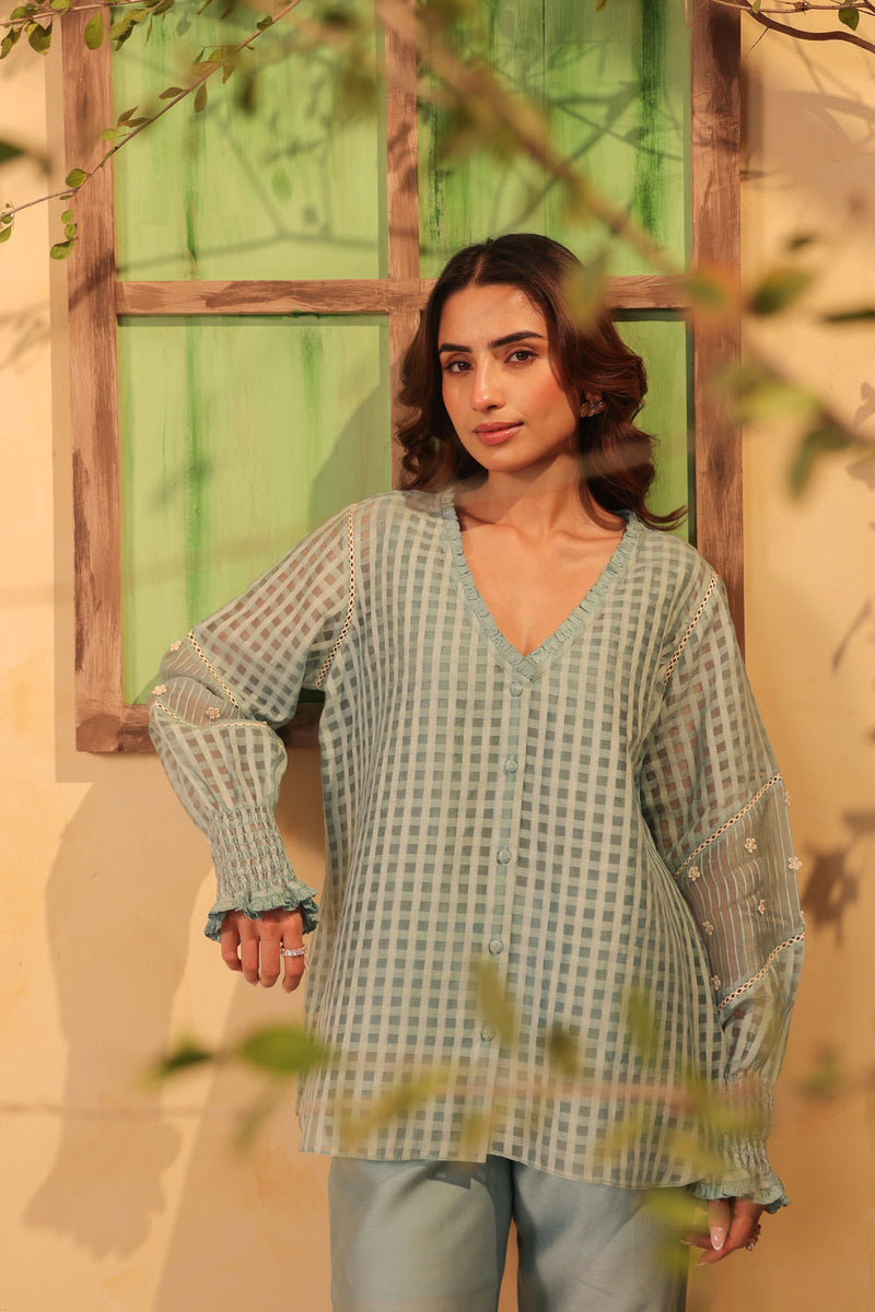 Vaayu Light Blue V Neck Co ord Set silk chanderi , silk tencel kurta/kurta set by Niti Bothra in light blue for women in Singapore