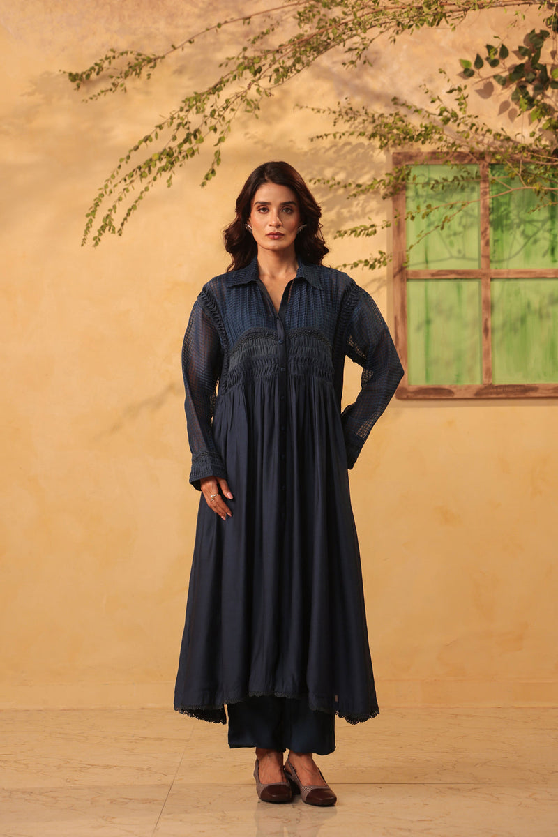 Vaayu Dark Blue Pintuck Collar Kurta Set silk chanderi , silk tencel kurta/kurta set by Niti Bothra in light blue for women in Singapore