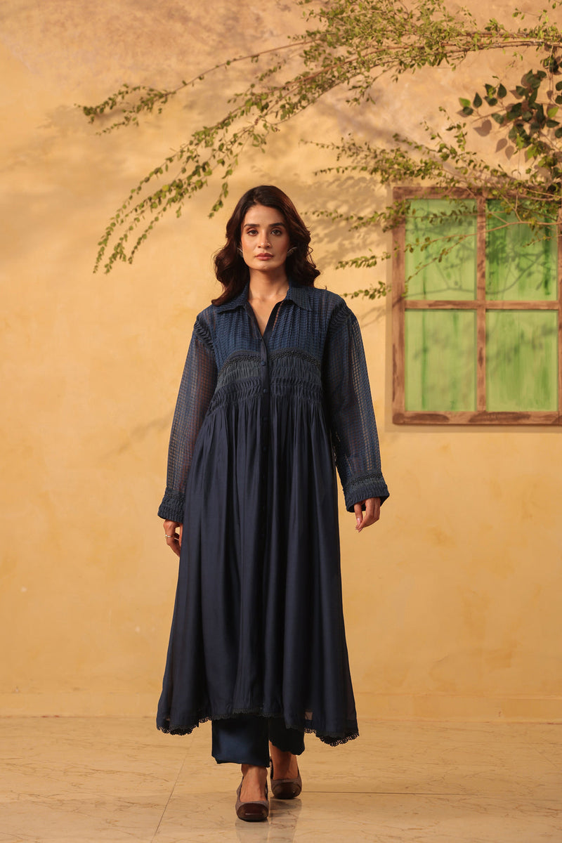Vaayu Dark Blue Pintuck Collar Kurta Set silk chanderi , silk tencel kurta/kurta set by Niti Bothra in light blue for women in Singapore