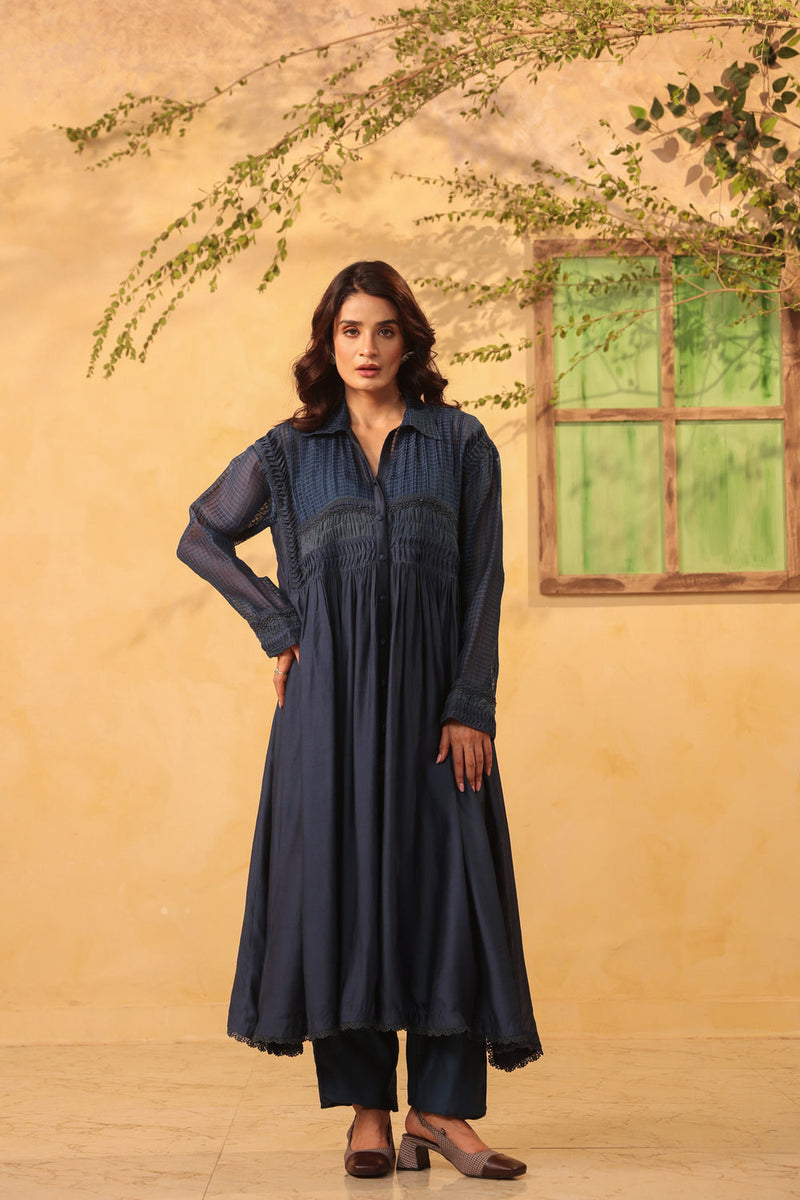 Vaayu Dark Blue Pintuck Collar Kurta Set silk chanderi , silk tencel kurta/kurta set by Niti Bothra in light blue for women in Singapore