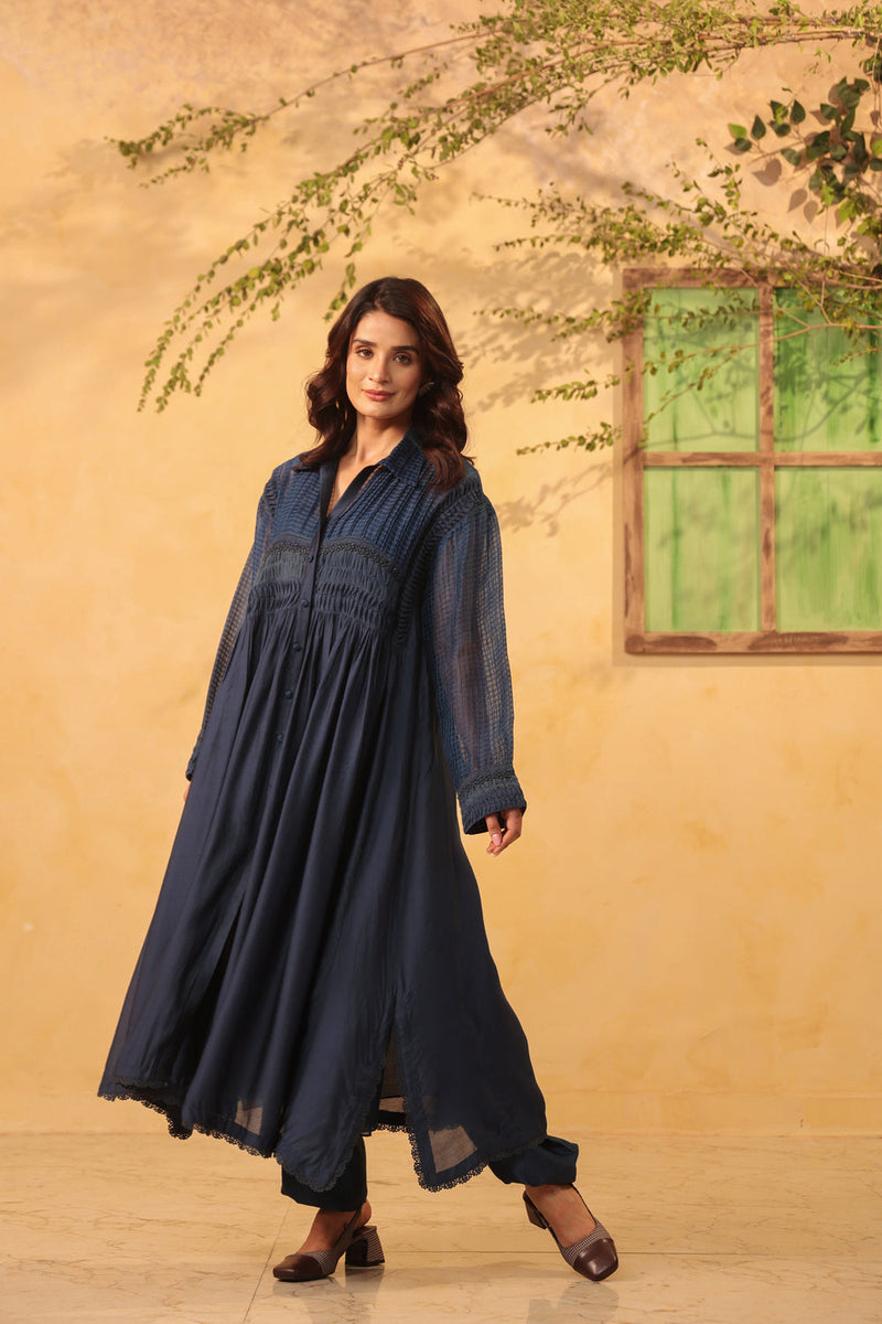 Vaayu Dark Blue Pintuck Collar Kurta Set silk chanderi , silk tencel kurta/kurta set by Niti Bothra in light blue for women in Singapore