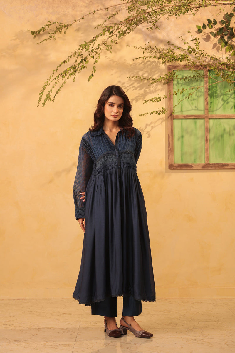Vaayu Dark Blue Pintuck Collar Kurta Set silk chanderi , silk tencel kurta/kurta set by Niti Bothra in light blue for women in Singapore