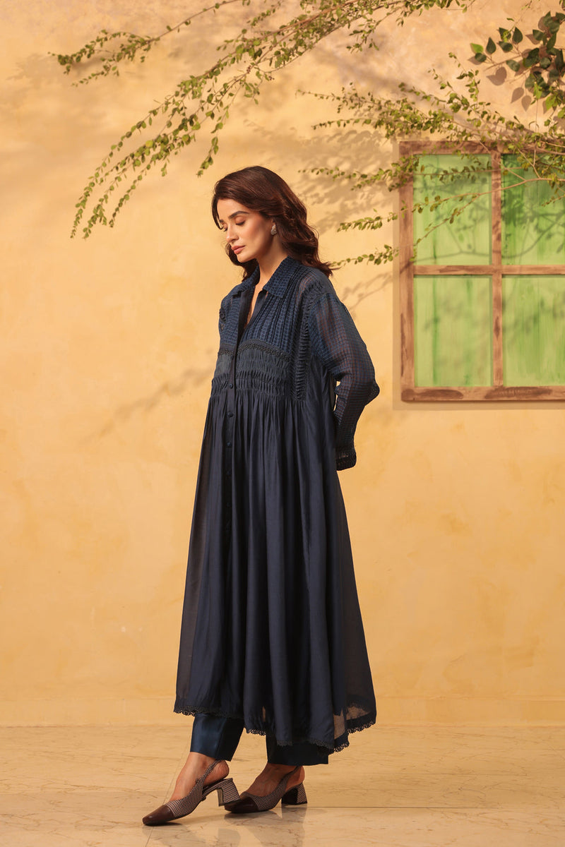 Vaayu Dark Blue Pintuck Collar Kurta Set silk chanderi , silk tencel kurta/kurta set by Niti Bothra in light blue for women in Singapore