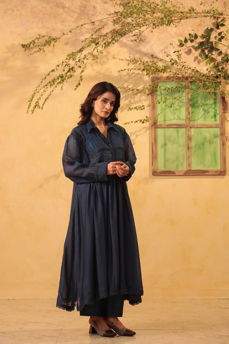 Vaayu Dark Blue Pintuck Collar Kurta Set silk chanderi , silk tencel kurta/kurta set by Niti Bothra in light blue for women in Singapore