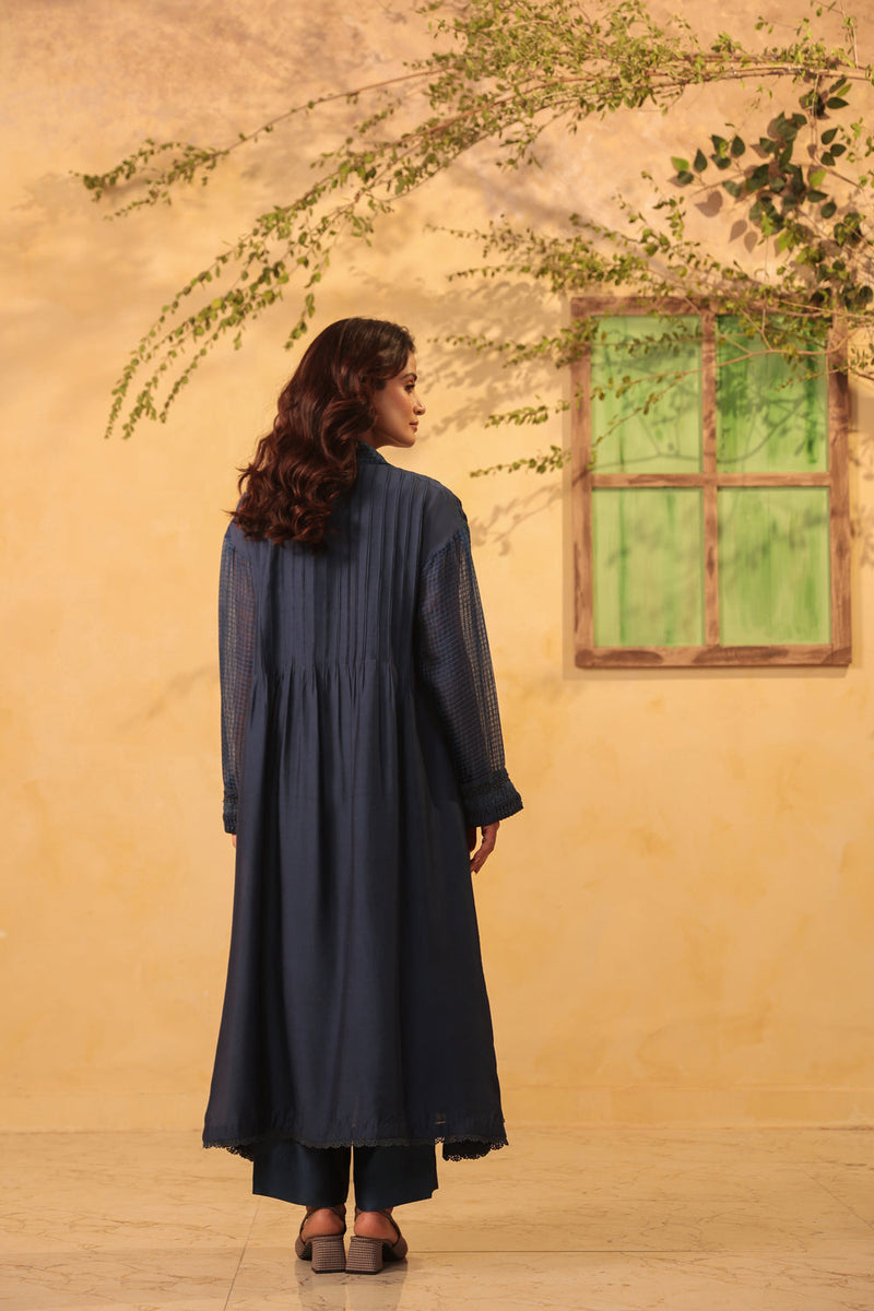 Vaayu Dark Blue Pintuck Collar Kurta Set silk chanderi , silk tencel kurta/kurta set by Niti Bothra in light blue for women in Singapore