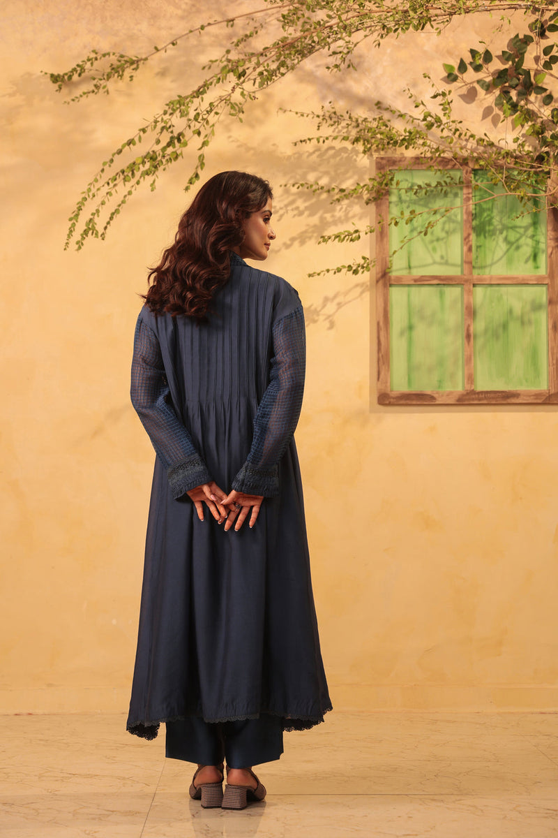 Vaayu Dark Blue Pintuck Collar Kurta Set silk chanderi , silk tencel kurta/kurta set by Niti Bothra in light blue for women in Singapore