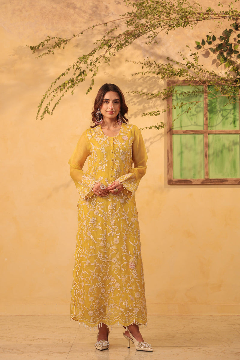 Vaayu Yellow Heavy Jaal Scallop Kurta Set organza , silk tencel kurta/kurta set by Niti Bothra in yellow for women in Singapore
