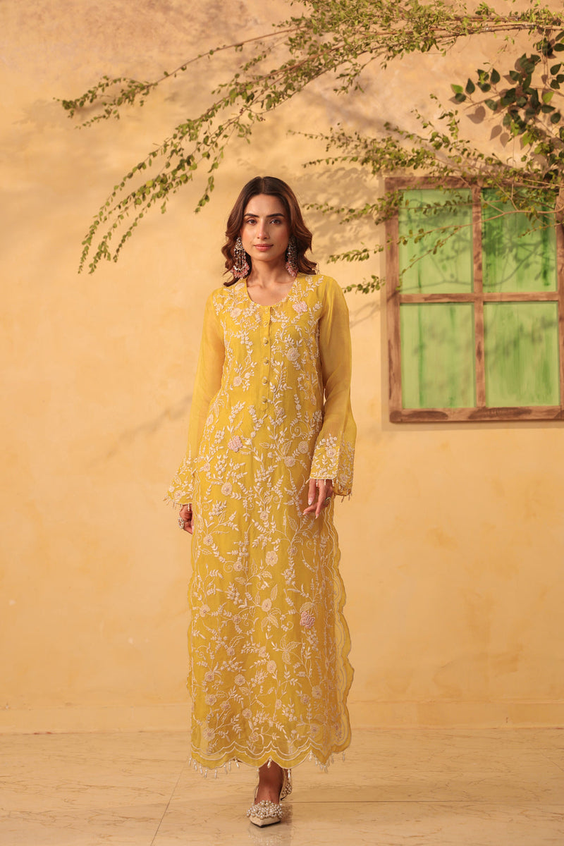 Vaayu Yellow Heavy Jaal Scallop Kurta Set organza , silk tencel kurta/kurta set by Niti Bothra in yellow for women in Singapore