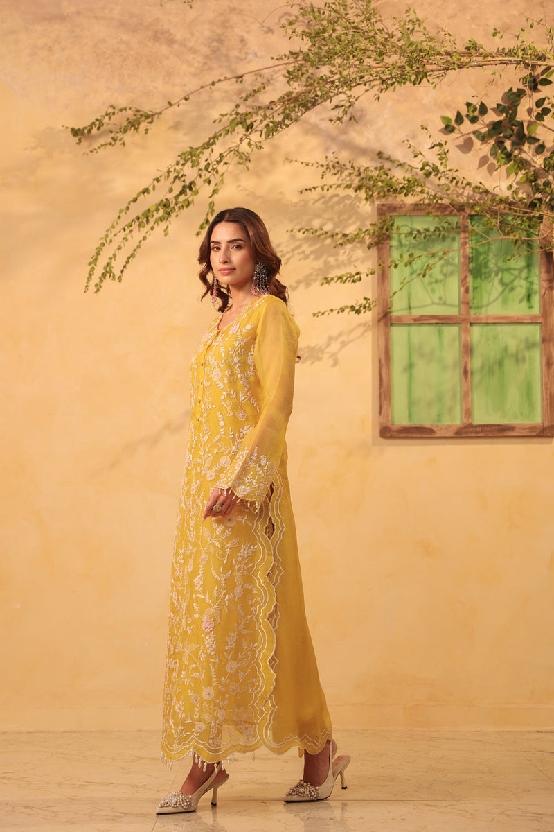 Vaayu Yellow Heavy Jaal Scallop Kurta Set organza , silk tencel kurta/kurta set by Niti Bothra in yellow for women in Singapore