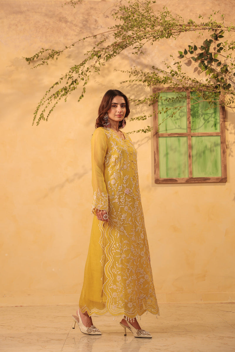 Vaayu Yellow Heavy Jaal Scallop Kurta Set organza , silk tencel kurta/kurta set by Niti Bothra in yellow for women in Singapore