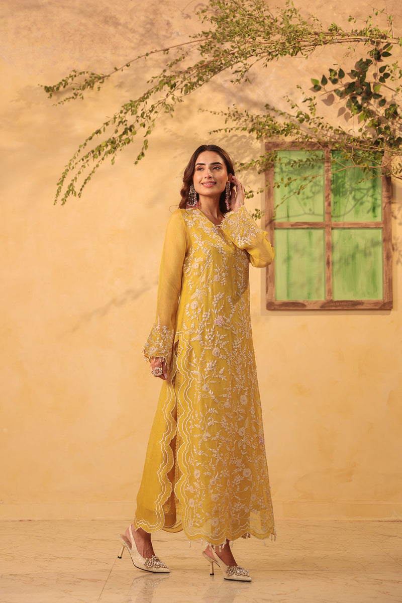 Vaayu Yellow Heavy Jaal Scallop Kurta Set organza , silk tencel kurta/kurta set by Niti Bothra in yellow for women in Singapore