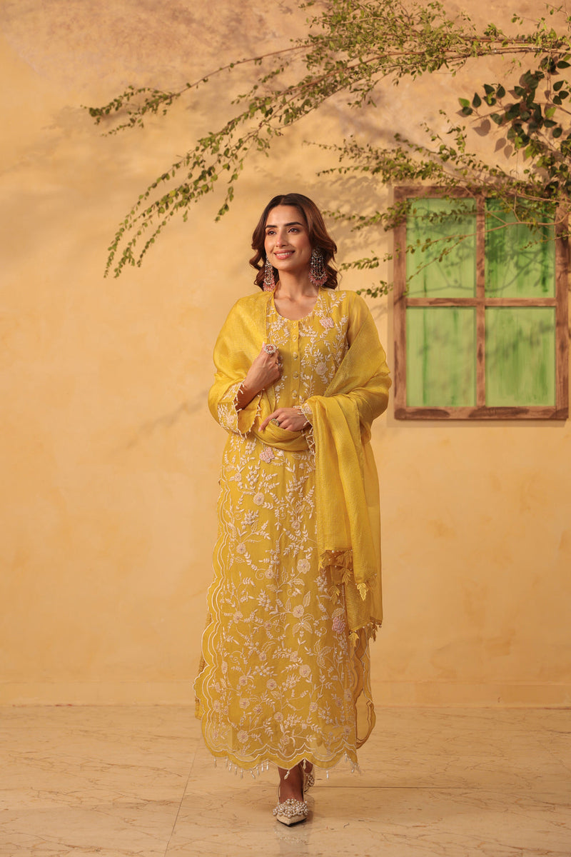 Vaayu Yellow Heavy Jaal Scallop Kurta Set organza , silk tencel kurta/kurta set by Niti Bothra in yellow for women in Singapore
