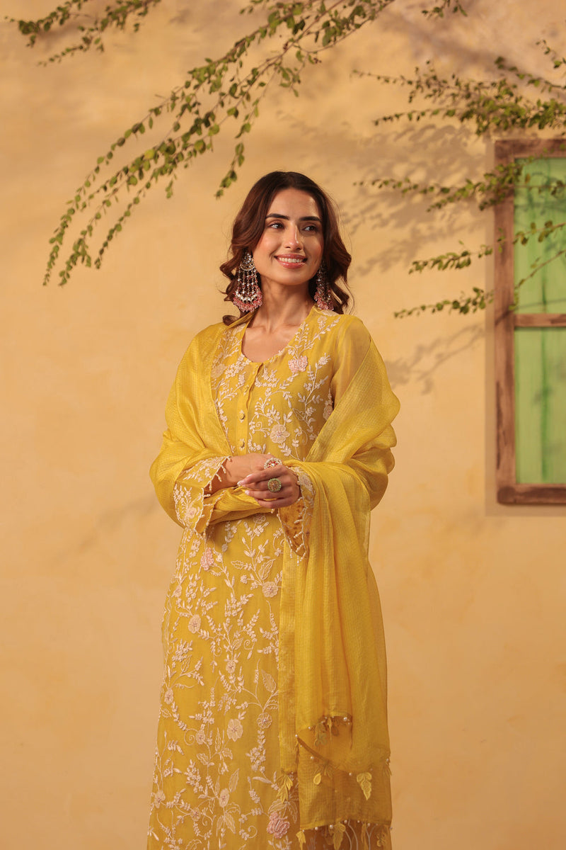 Vaayu Yellow Heavy Jaal Scallop Kurta Set organza , silk tencel kurta/kurta set by Niti Bothra in yellow for women in Singapore