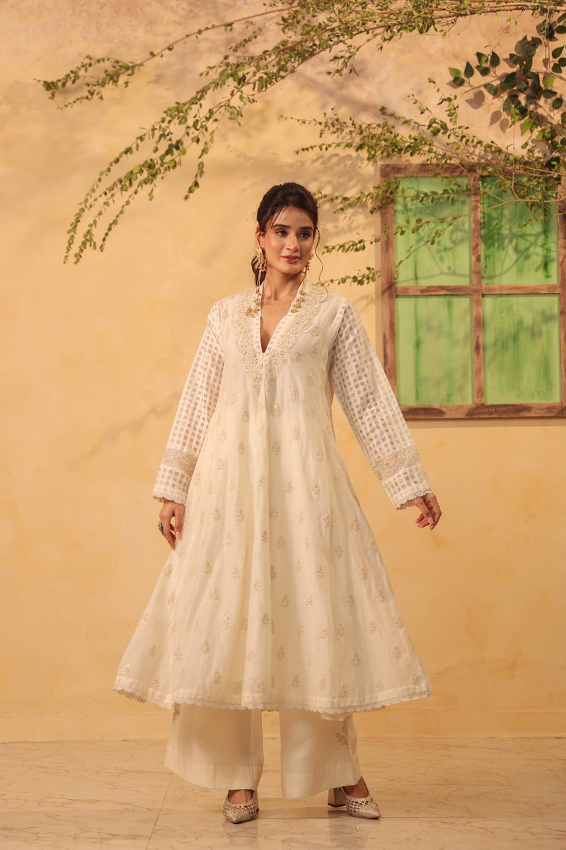 Vaayu Ivory Kalidar Set silk chanderi , silk tencel kurta/kurta set by Niti Bothra in ivory for women in Singapore