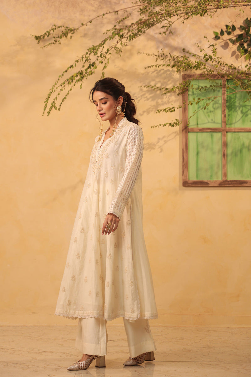 Vaayu Ivory Kalidar Set silk chanderi , silk tencel kurta/kurta set by Niti Bothra in ivory for women in Singapore
