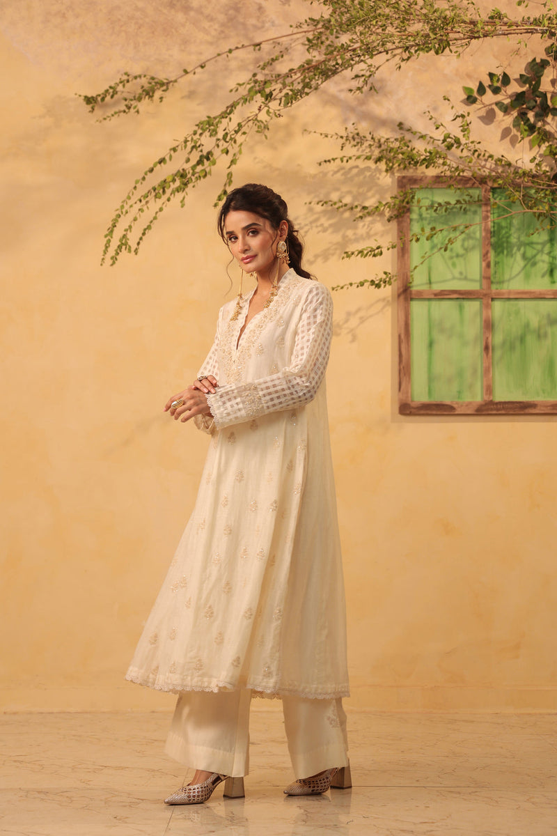 Vaayu Ivory Kalidar Set silk chanderi , silk tencel kurta/kurta set by Niti Bothra in ivory for women in Singapore