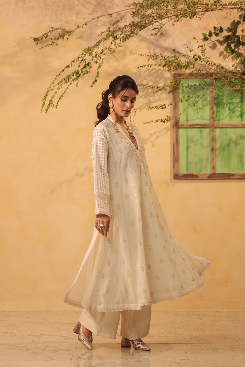 Vaayu Ivory Kalidar Set silk chanderi , silk tencel kurta/kurta set by Niti Bothra in ivory for women in Singapore