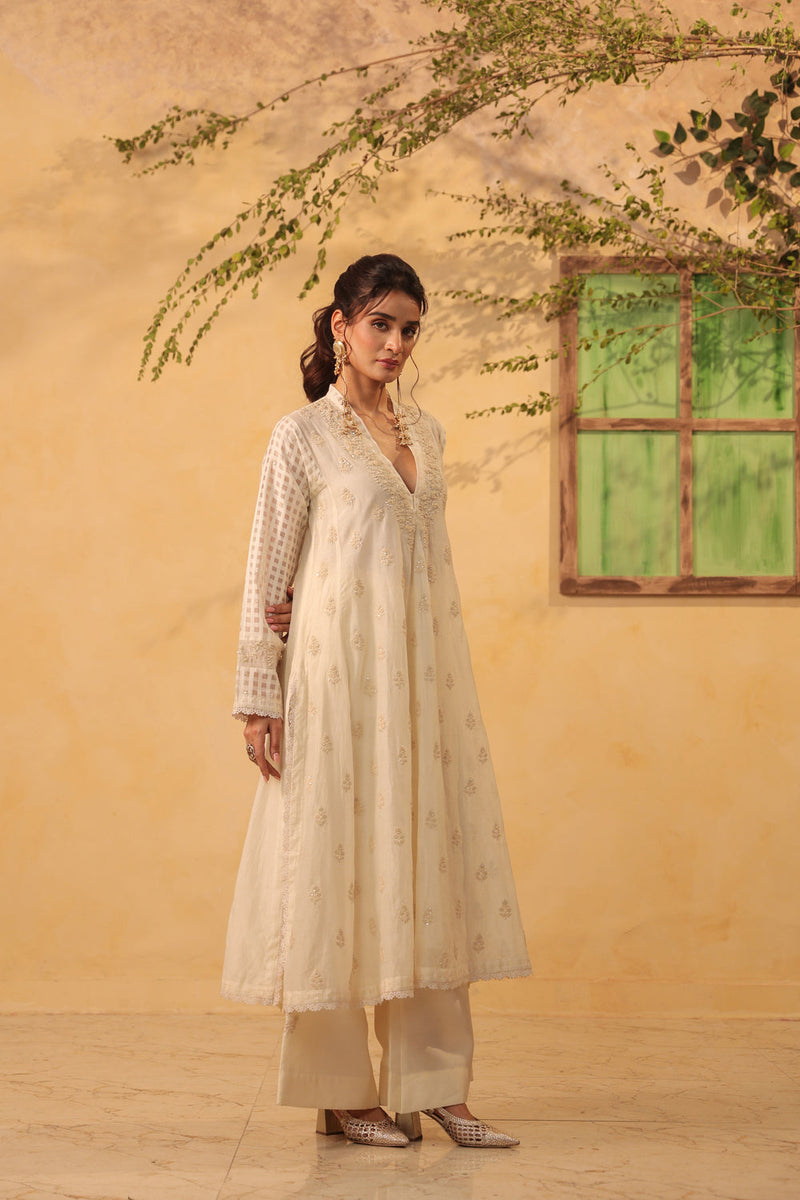 Vaayu Ivory Kalidar Set silk chanderi , silk tencel kurta/kurta set by Niti Bothra in ivory for women in Singapore