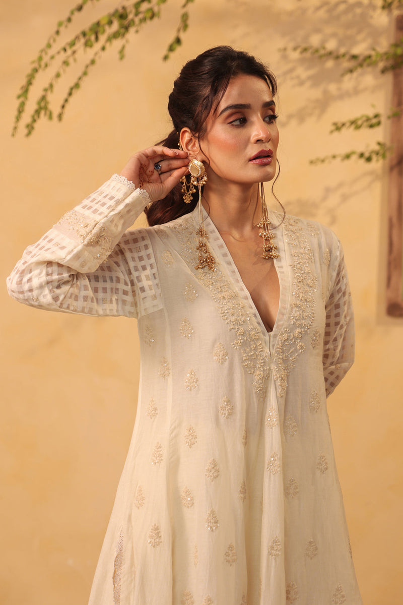 Vaayu Ivory Kalidar Set silk chanderi , silk tencel kurta/kurta set by Niti Bothra in ivory for women in Singapore