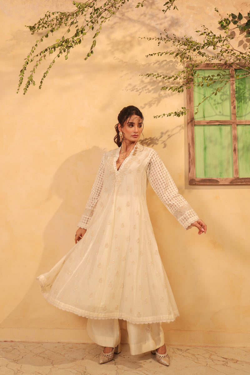 Vaayu Ivory Kalidar Set silk chanderi , silk tencel kurta/kurta set by Niti Bothra in ivory for women in Singapore