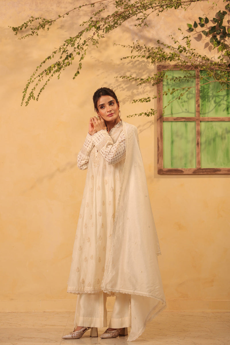 Vaayu Ivory Kalidar Set silk chanderi , silk tencel kurta/kurta set by Niti Bothra in ivory for women in Singapore