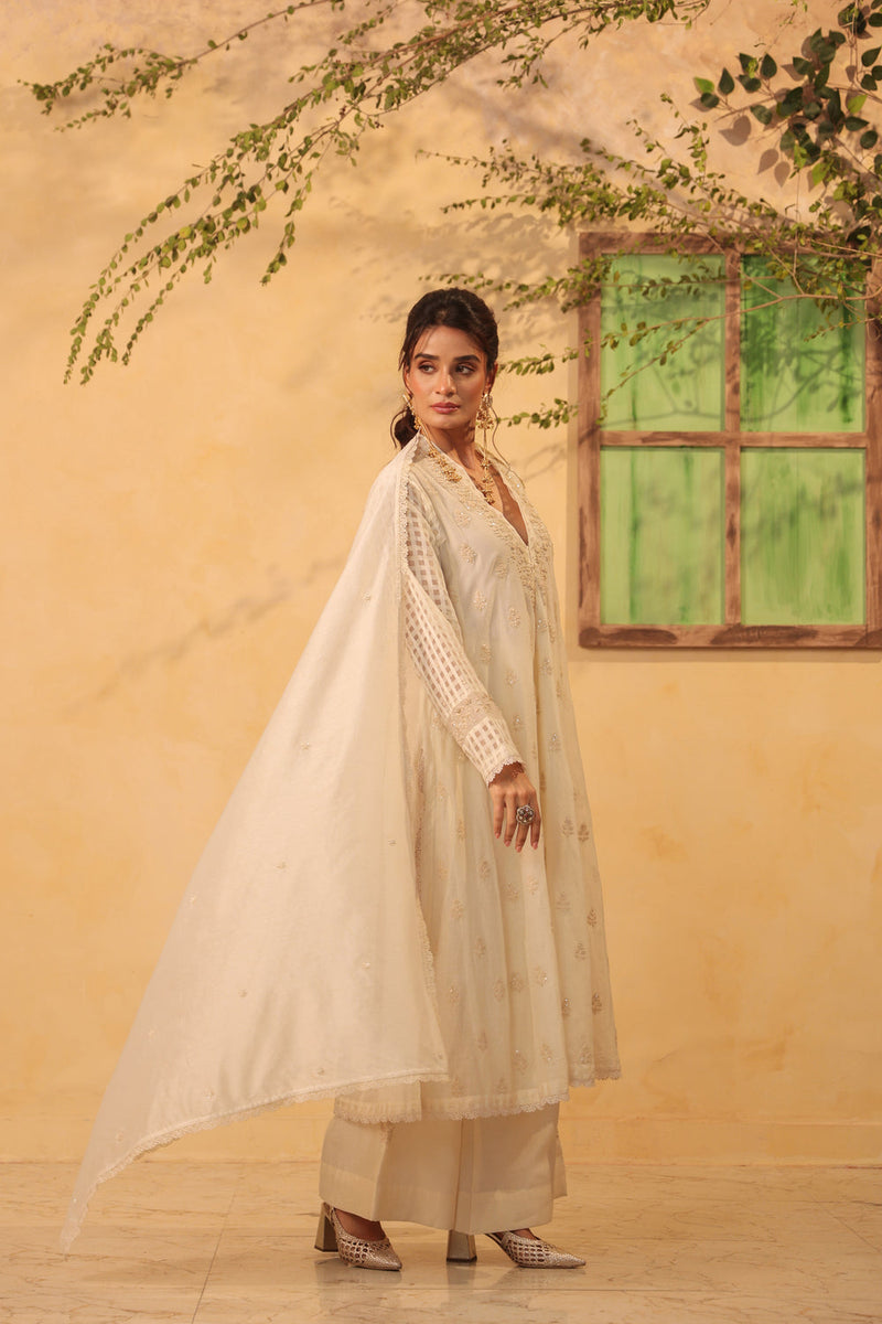 Vaayu Ivory Kalidar Set silk chanderi , silk tencel kurta/kurta set by Niti Bothra in ivory for women in Singapore
