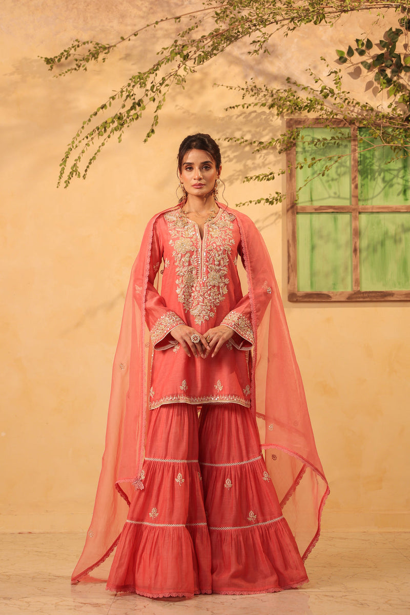 Vaayu Pink Sharara Set silk chanderi kurta/kurta set by Niti Bothra in pink for women in Singapore