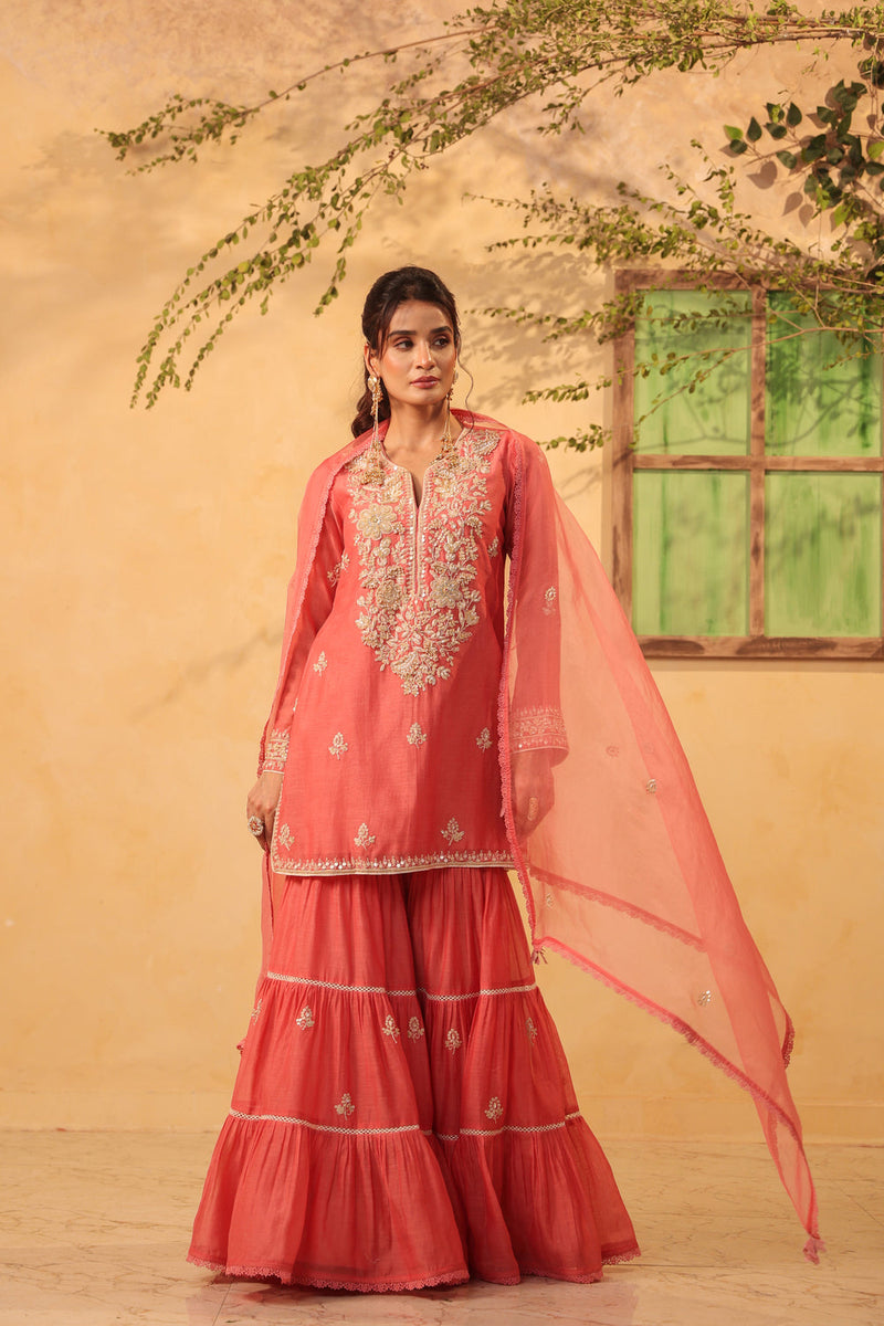 Vaayu Pink Sharara Set silk chanderi kurta/kurta set by Niti Bothra in pink for women in Singapore
